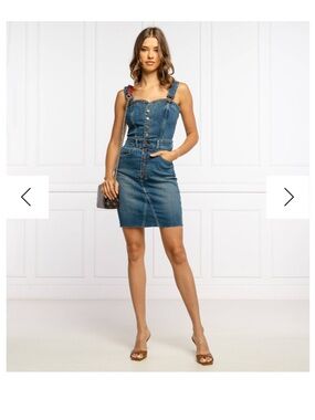 Guess Blue Denim Button-Front Overall Mini Dress